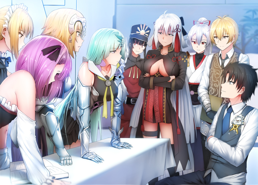 3boys 6+girls armor artoria_pendragon_(all) artoria_pendragon_(swimsuit_rider_alter) bangs bare_shoulders billy_the_kid_(fate/grand_order) black_hair blonde_hair blue_eyes blunt_bangs book breasts brynhildr_(fate) character_request commentary crossed_arms detached_sleeves eye_contact fate/grand_order fate_(series) formal fujimaru_ritsuka_(male) gauntlets ginhaha green_hair hair_between_eyes hair_ornament hair_ribbon hat headpiece helena_blavatsky_(fate/grand_order) jeanne_d'arc_(fate) jeanne_d'arc_(fate)_(all) large_breasts long_hair looking_at_another maid_headdress multiple_boys multiple_girls oda_nobukatsu_(fate/grand_order) okita_souji_(fate) okita_souji_alter_(fate) parody ponytail purple_hair red_eyes ribbon short_hair silver_hair sitting suit table tomoe_gozen_(fate/grand_order) violet_eyes yellow_eyes