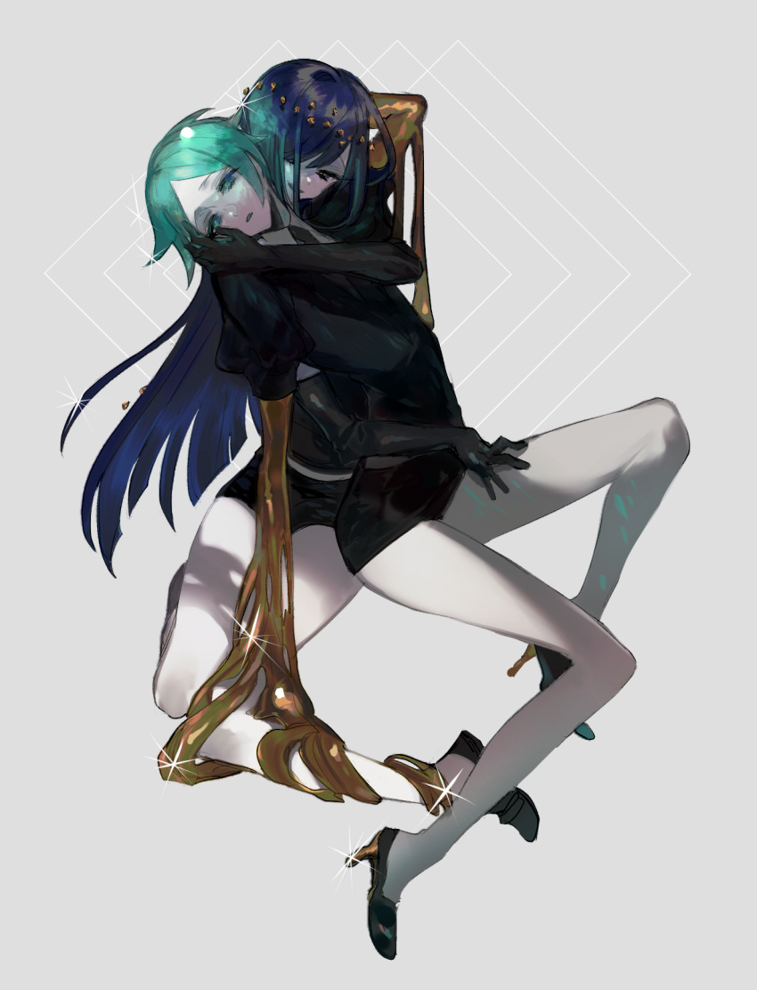 2others androgynous arm_around_waist bangs blue_eyes blue_hair blunt_bangs elbow_gloves evil_smile full_body gem_uniform_(houseki_no_kuni) gloves gold golden_arms green_eyes green_hair grey_background hair_over_one_eye hand_on_another's_face high_heels highres houseki_no_kuni hug lapis_lazuli_(houseki_no_kuni) long_hair looking_at_viewer lunch_(lunchicken) melting multiple_others phosphophyllite short_hair smile sparkle