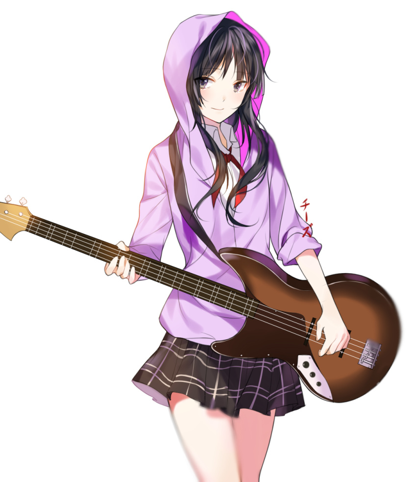 1girl black_eyes black_hair black_skirt character_request chi_zu_crazy cowboy_shot dress_shirt eyebrows_visible_through_hair floating_hair guitar highres holding holding_instrument hood hooded_jacket instrument jacket long_hair looking_at_viewer miniskirt neck_ribbon pleated_skirt purple_jacket red_ribbon ribbon shirt sidelocks simple_background skirt smile solo standing white_background white_shirt