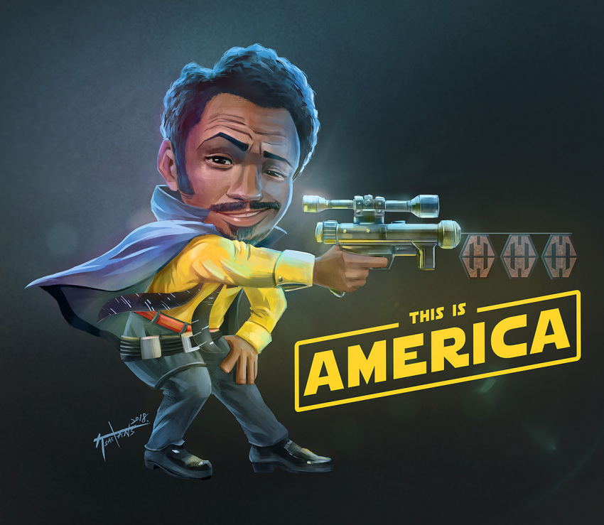 1boy 2018 aiming beard black_hair cape card chibi childish_gambino crossover dancing dark_skin dated donald_glover energy_gun facial_hair lando_calrissian logo mustache parody ray_gun realistic sabacc scarf science_fiction shoes signature solo:_a_star_wars_story star_wars this_is_america weapon