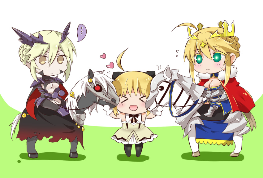 &gt;_&lt; ... 3girls ahoge artoria_pendragon_(all) artoria_pendragon_(lancer) artoria_pendragon_(lancer_alter) black_bow blonde_hair blush bow breasts cape chibi cleavage closed_eyes crown dun_stallion fate/grand_order fate_(series) flying_sweatdrops gauntlets green_eyes hair_bow heart highres horse horseback_riding llamrei_(fate) multiple_girls multiple_persona open_mouth red_eyes riding saber_lily shadow spoken_ellipsis tsuchiya_madose under_boob yellow_eyes