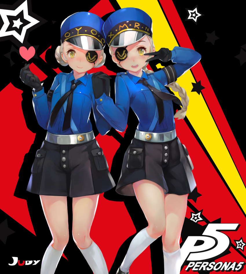 2girls absurdres arm_up black_gloves black_neckwear black_shorts blue_shirt braid caroline_(persona_5) commentary_request copyright_name eyepatch gloves hand_holding hat highres jiujiuyatou_(yayanzz) justine_(persona_5) kneehighs long_hair multiple_girls necktie persona persona_5 ponytail shirt shorts siblings sisters twins v white_hair white_legwear yellow_eyes