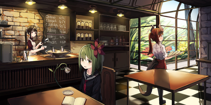 3girls apron bangs blue_serafuku blunt_bangs book bottle bow brick_wall brown_hair cafe ceiling_light chair checkered checkered_floor coffee_beans coffee_pot commentary_request counter cup day dragon_girl dragon_horns dragon_tail drinking_glass expressionless facing_away flower from_behind green_hair grey_legwear hair_bow hair_flower hair_ornament highres holding holding_plate horns indoors jar long_hair looking_at_viewer menu_board multiple_girls natori_youkai neckerchief oni_horns open_book open_mouth orange_eyes original parted_lips plant plate ponytail pouring red_neckwear red_shirt redhead saucer school_uniform serafuku shadow shelf shirt short_hair sitting sleeves_past_elbows smile standing table tail tile_floor tiles tree upper_body white_shirt window yellow_eyes