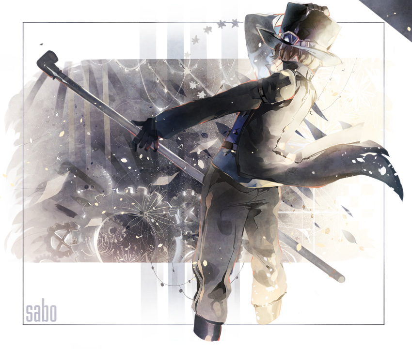 1boy arm_up black_background black_gloves black_hat black_pants blonde_hair character_name formal from_behind from_side gears gloves hat holding holding_pipe lead_pipe long_sleeves one_piece pants pipe profile sabo_(one_piece) smile solo standing star suit top_hat tsugutoku white_background