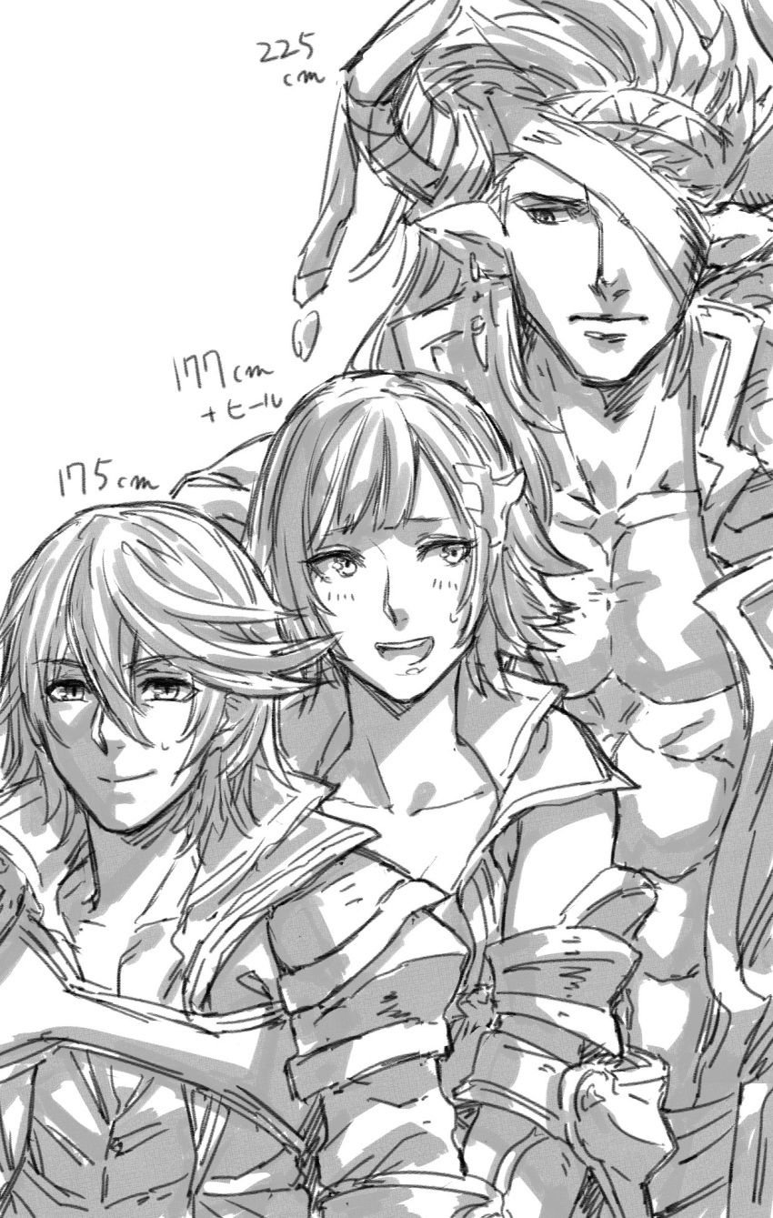 1girl 2boys armor bare_chest cain_(granblue_fantasy) draph gauntlets granblue_fantasy greyscale hair_ornament headband highres horns leona_(granblue_fantasy) monochrome multiple_boys one_eye_covered pointy_ears reinhardtzar simple_background size_difference sketch toriudonda