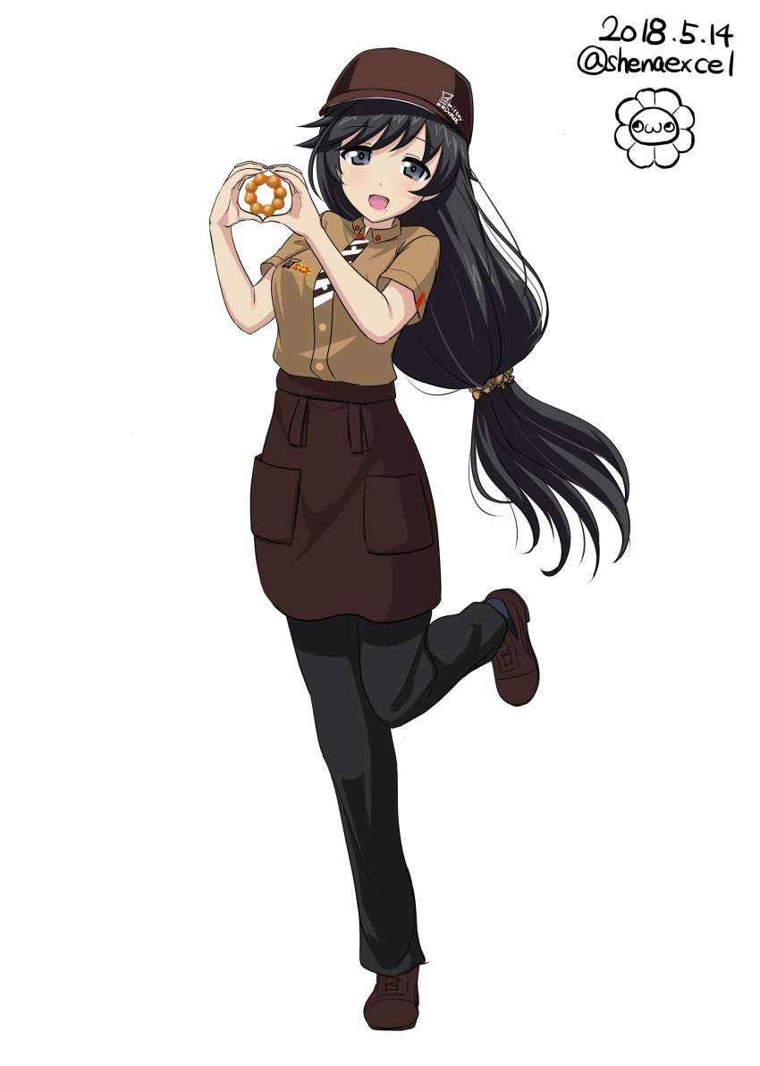 1girl :d absurdres alternate_costume artist_name bangs black_eyes black_hair black_pants brown_apron brown_footwear brown_hat brown_shirt circle_hands commentary_request cross-laced_footwear dated english excel_(shena) eyebrows_visible_through_hair full_body girls_und_panzer hair_ornament hair_scrunchie hat highres isuzu_hana long_hair looking_at_viewer low-tied_long_hair open_mouth pants scrunchie shirt shoes short_sleeves signature simple_background smile solo standing twitter_username waitress white_background