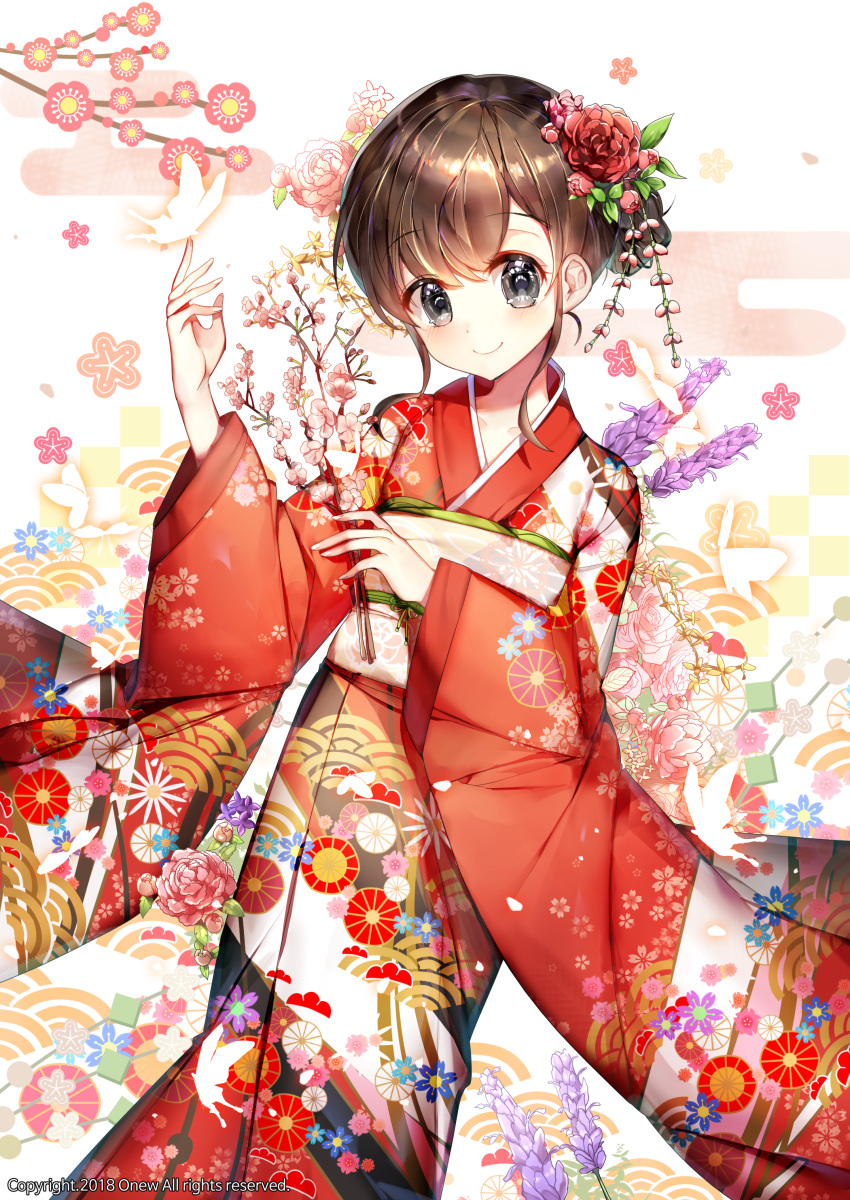 1girl absurdres artist_name black_eyes blush brown_hair cherry_blossoms closed_mouth collarbone eyebrows_visible_through_hair flower hair_flower hair_ornament highres japanese_clothes kimono long_sleeves looking_at_viewer onew original smile solo