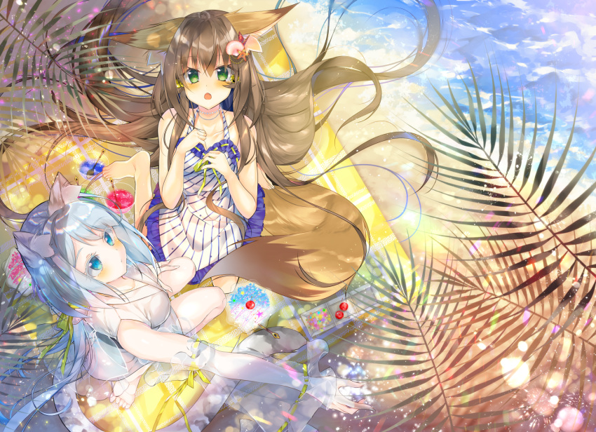 2girls animal_ears bare_shoulders barefoot beach bell blue_eyes blue_hair blush brown_hair cat_ears cat_tail detached_sleeves dress eyebrows_visible_through_hair fang food fox_ears fox_tail from_above green_eyes hair_bell hair_ornament jewelry kneeling long_hair looking_at_viewer looking_up monaka_natsume multiple_girls necklace open_mouth original outdoors see-through tail water