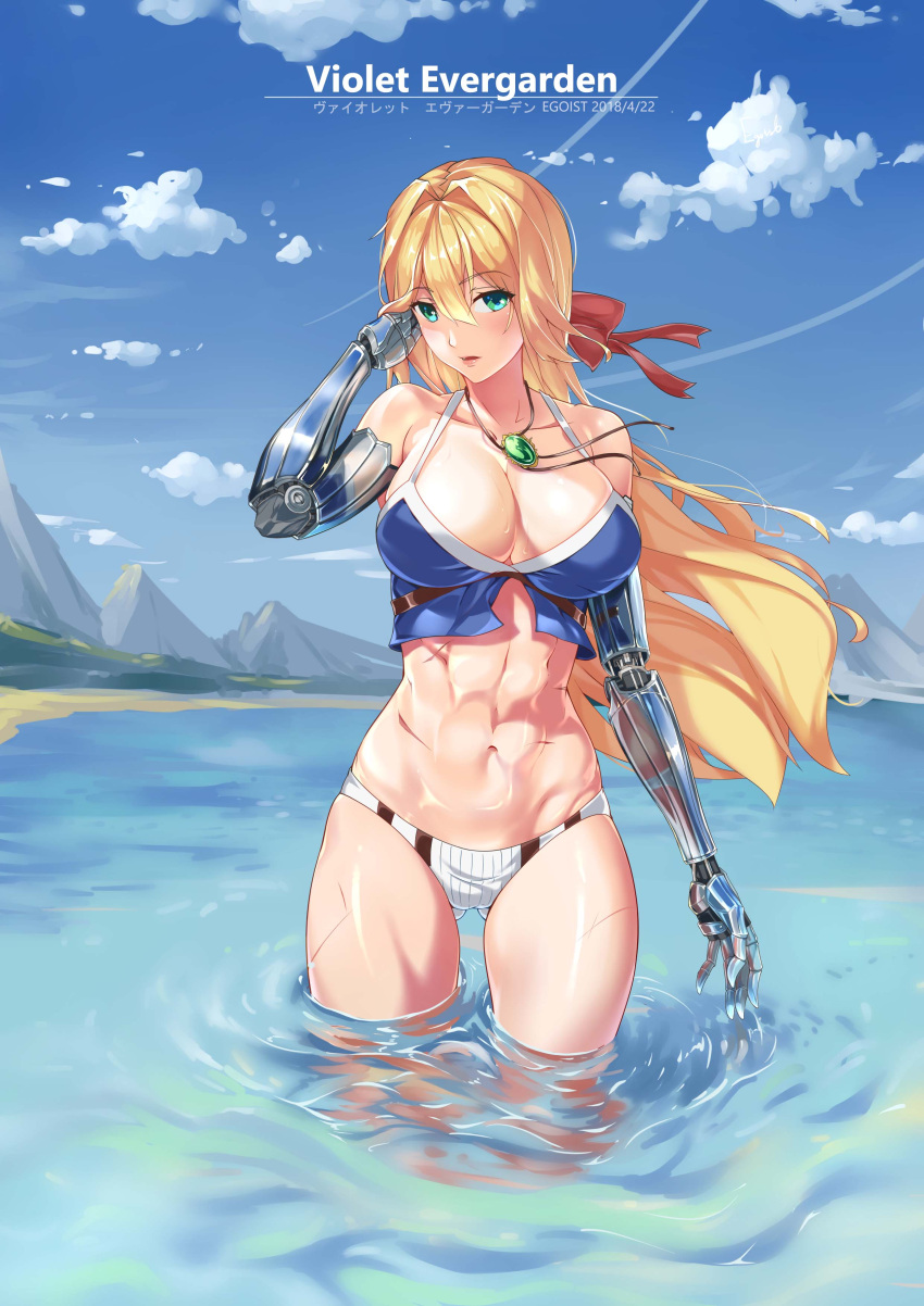 1girl abs absurdres artist_name bangs bikini blonde_hair breasts clouds commentary_request dated egoist-001 eyebrows_visible_through_hair gluteal_fold green_eyes hair_between_eyes hair_intakes highres jewelry large_breasts long_hair looking_at_viewer mechanical_arms mechanical_hands mountain muscle muscular_female necklace open_mouth pendant prosthesis red_ribbon ribbon ripples scar sky solo swimsuit violet_evergarden violet_evergarden_(character) water