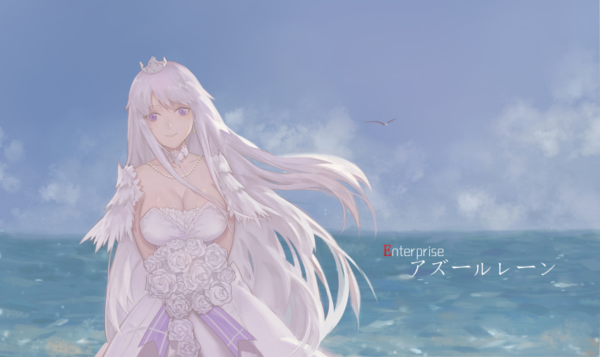 1girl azur_lane bangs blue_sky bouquet breasts character_name choker cleavage clouds collarbone crown day dress enterprise_(azur_lane) floating_hair flower highres holding holding_bouquet jewelry kirikiri large_breasts long_hair looking_at_viewer mini_crown necklace ocean outdoors purple_ribbon ribbon rose silver_hair sky solo standing strapless strapless_dress very_long_hair violet_eyes wedding_dress white_dress white_flower white_rose