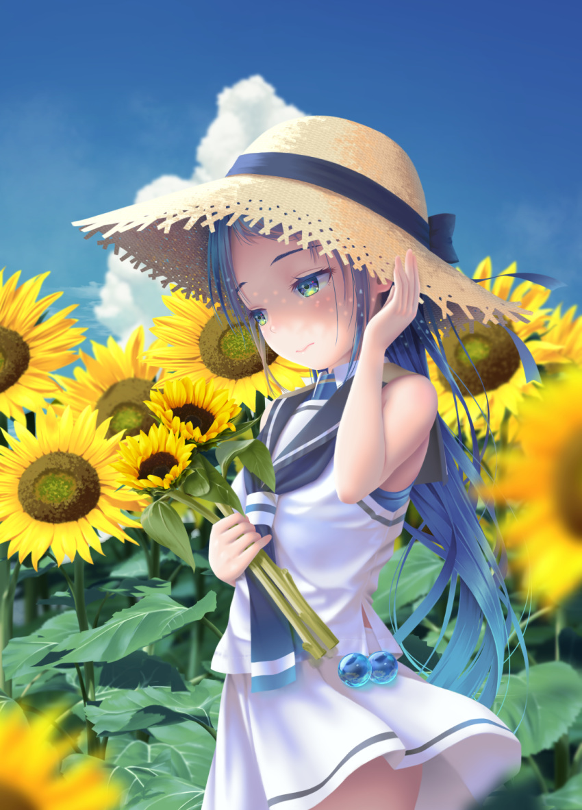 1girl bangs beads blue_eyes blue_hair blue_sky clouds flower gloves gloves_removed gradient_hair hane_yoshiyumi hat highres holding holding_flower holding_hat kantai_collection long_hair looking_away multicolored_hair neckerchief sailor_collar samidare_(kantai_collection) school_uniform serafuku shirt skirt sky sleeveless sleeveless_shirt straw_hat sunflower swept_bangs very_long_hair white_skirt