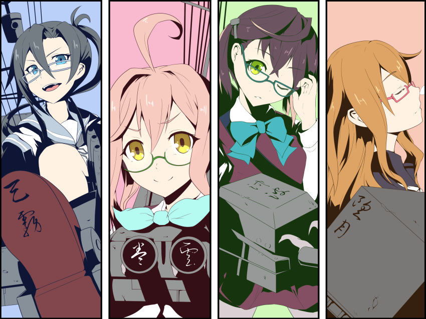 4girls adjusting_eyewear amagiri_(kantai_collection) blue_eyes bow brown_hair closed_eyes dress glasses green-framed_eyewear green_eyes grey-framed_eyewear grey_hair hair_ornament hairclip highres kantai_collection long_hair looking_at_viewer makigumo_(kantai_collection) mochizuki_(kantai_collection) multiple_girls okinami_(kantai_collection) one_eye_closed open_mouth pink_hair purple_hair red-framed_eyewear red_dress rigging school_uniform serafuku side_ponytail smile twinameless upper_body yellow_eyes