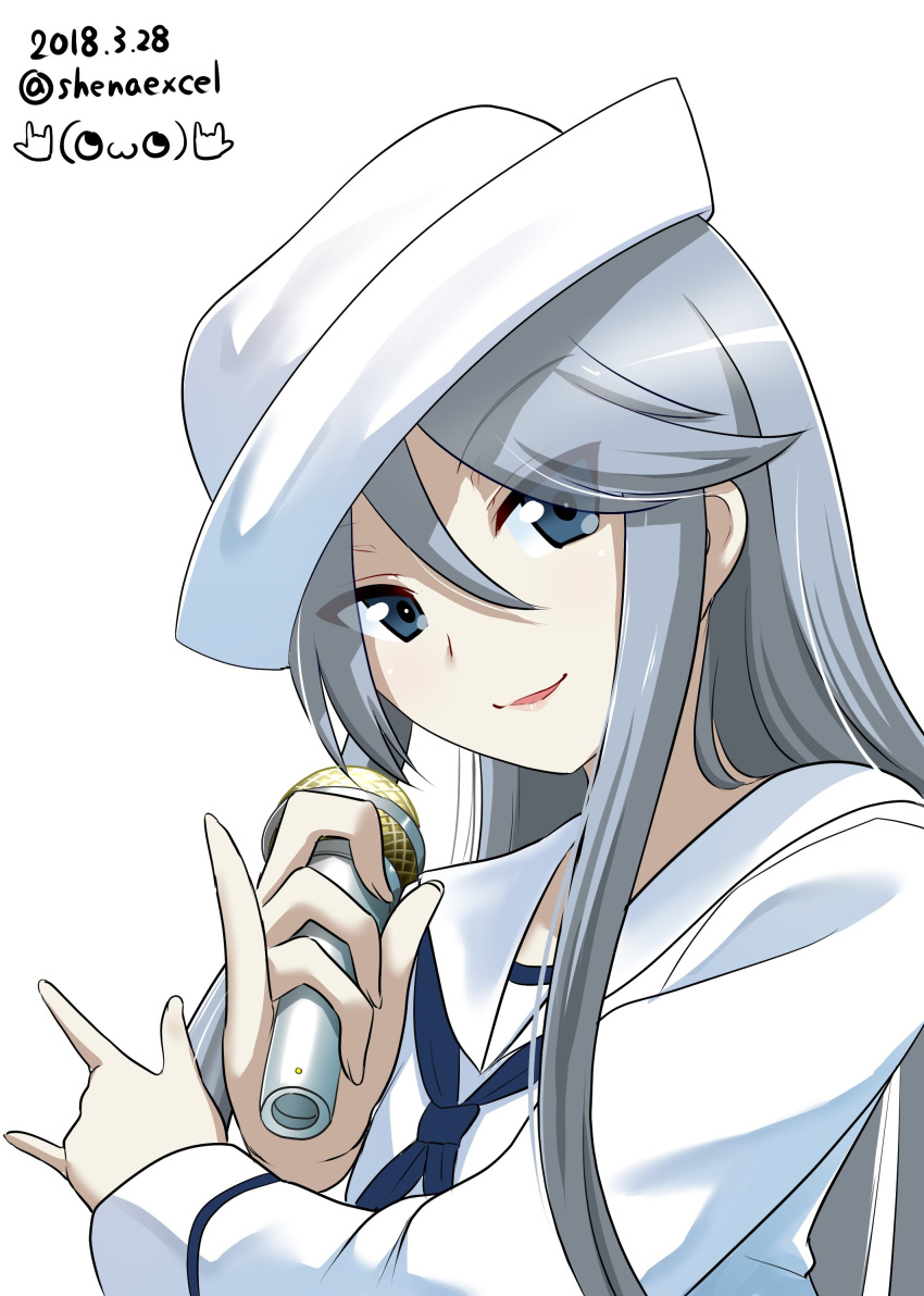 1girl \n/ absurdres artist_name bangs blouse blue_eyes commentary_request dated dixie_cup_hat excel_(shena) eyebrows_visible_through_hair flint_(girls_und_panzer) girls_und_panzer hat highres holding holding_microphone long_hair long_sleeves looking_at_viewer microphone military_hat navy_blue_neckwear neckerchief ooarai_naval_school_uniform parted_lips pinky_out sailor sailor_collar school_uniform signature silver_hair simple_background smile solo twitter_username white_background white_blouse white_hat