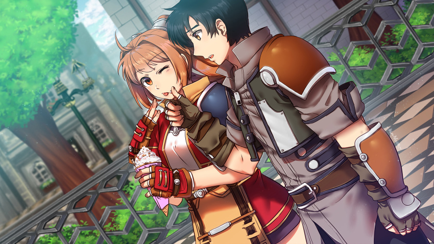 1boy 1girl ahoge belt black_hair bracer breasts brown_hair building clenched_hand coat cowboy_shot dress dutch_angle eiyuu_densetsu estelle_bright fingerless_gloves food gloves hand_on_another's_face hand_to_own_mouth highres ice_cream jacket joshua_astray kanoir lamppost looking_at_another medium_breasts one_eye_closed open_mouth orange_eyes profile railing short_dress short_hair shoulder_armor sora_no_kiseki tongue tongue_out tree twintails walking wiping_face yellow_eyes zipper