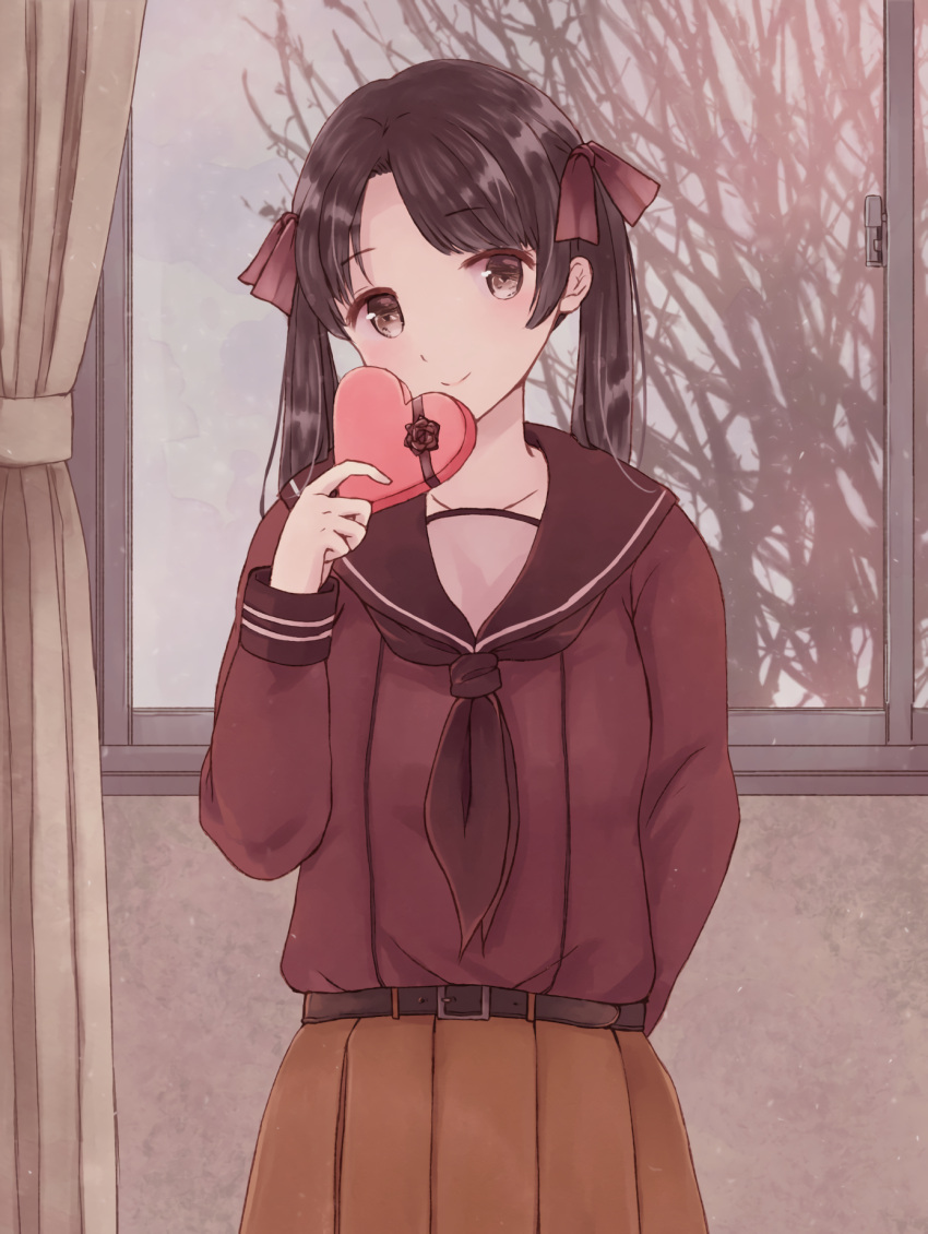 1girl arm_behind_back bangs belt black_hair black_ribbon blush bow brown_eyes brown_skirt closed_mouth collarbone cowboy_shot curtains eyebrows eyebrows_visible_through_hair flower gift glass hair_bow hand_up head_tilt heart-shaped_box highres holding holding_gift indoors kantai_collection long_hair long_sleeves looking_at_viewer mikuma_(kantai_collection) nagidango parted_bangs pleated_skirt red_bow red_shirt ribbon school_uniform serafuku shirt skirt smile solo tree twintails valentine window