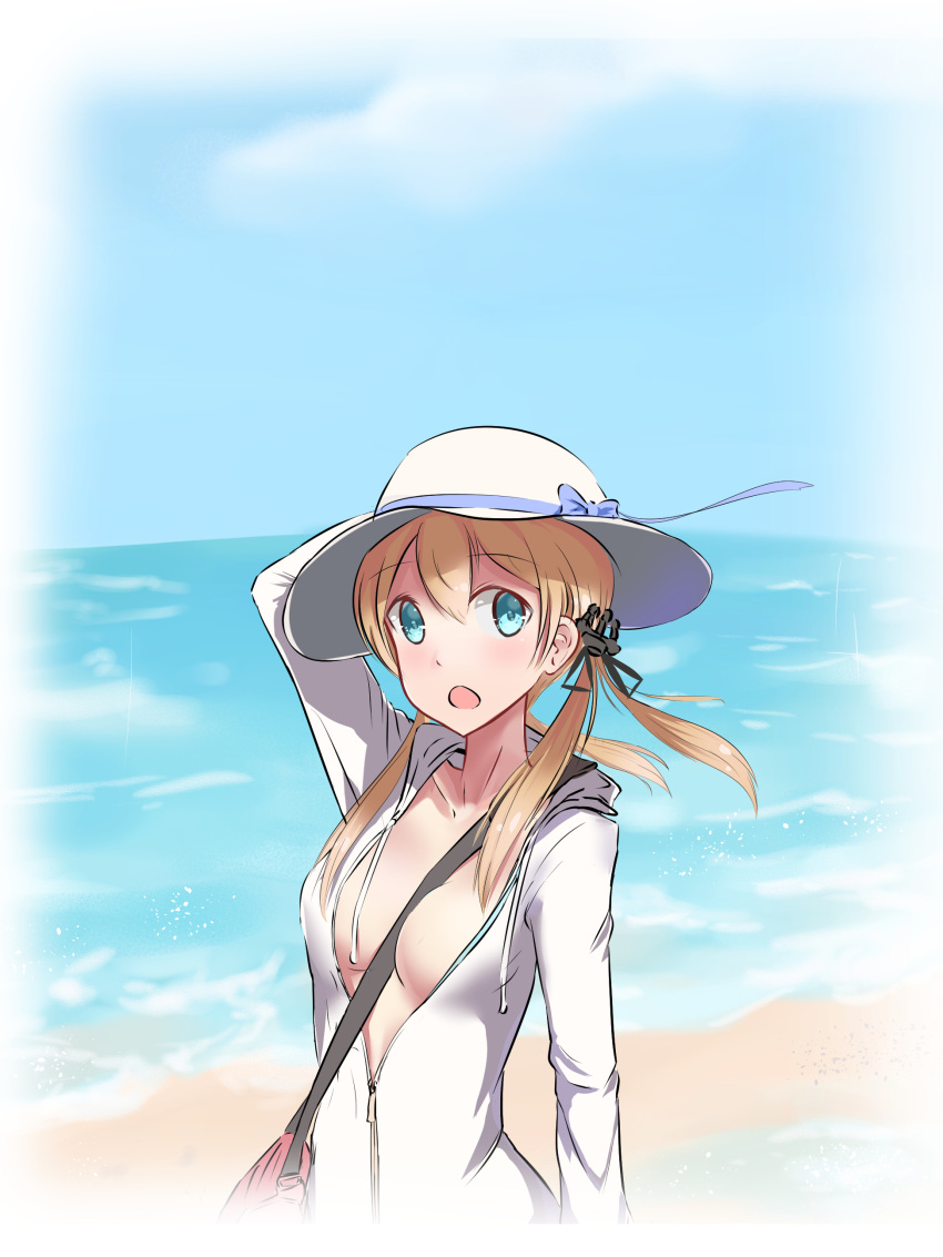 1girl absurdres arm_up bag beach between_breasts black_ribbon blonde_hair blue_bow blue_ribbon blue_sky blush bow breasts cleavage clouds collarbone dabaizhao day eyebrows_visible_through_hair floating_hair green_eyes hair_between_eyes hair_ribbon hat hat_bow hat_ribbon highres hood hooded_jacket jacket kantai_collection long_hair medium_breasts ocean open_clothes open_jacket open_mouth outdoors partially_unzipped prinz_eugen_(kantai_collection) ribbon sketch sky solo standing strap_cleavage sun_hat twintails upper_body white_hat white_jacket