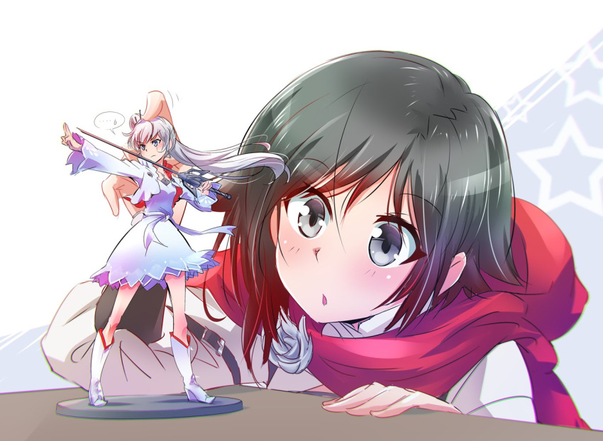 black_hair blue_eyes cape cloak gradient_hair grey_eyes hood hooded_cloak iesupa long_hair multicolored_hair ponytail rapier red_cape redhead ruby_rose rwby scar scar_across_eye short_hair side_ponytail sword two-tone_hair weapon weiss_schnee white_hair