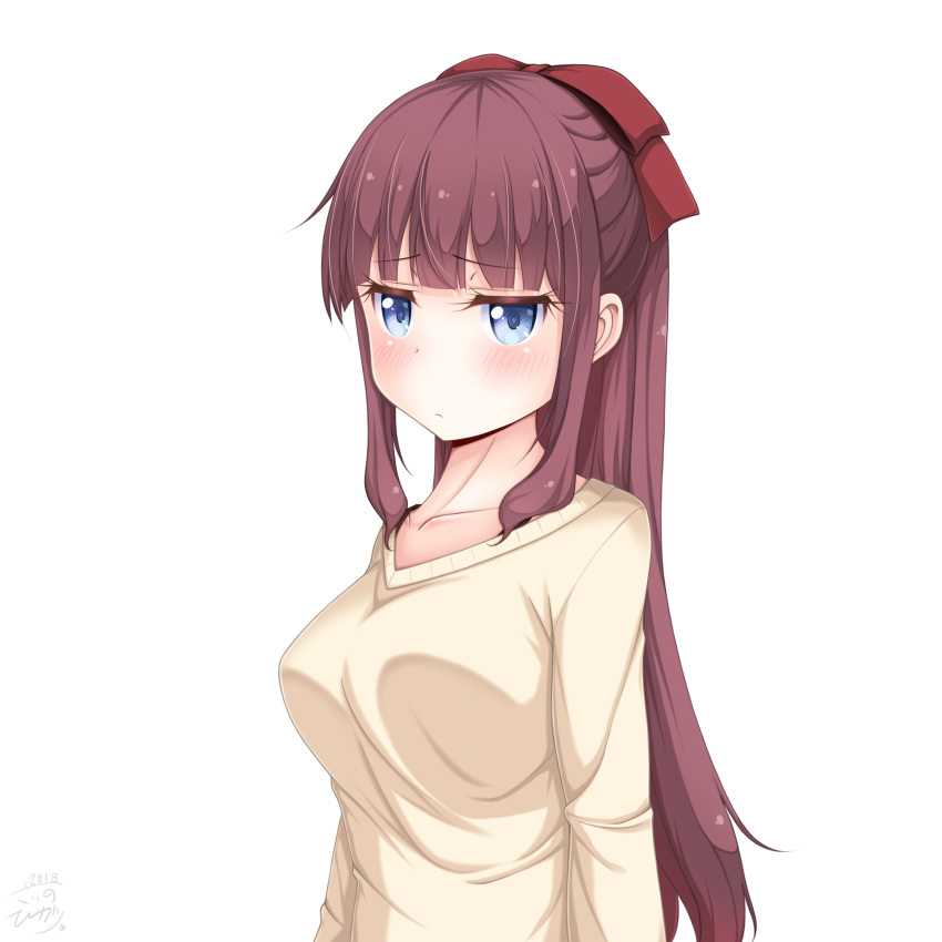 1girl 2018 absurdres bangs blue_eyes blunt_bangs blush breasts brown_hair collarbone eyebrows_visible_through_hair hair_between_eyes hair_ribbon highres large_breasts long_hair new_game! red_ribbon ribbon sainohikari signature simple_background solo sweater takimoto_hifumi upper_body very_long_hair white_background white_sweater