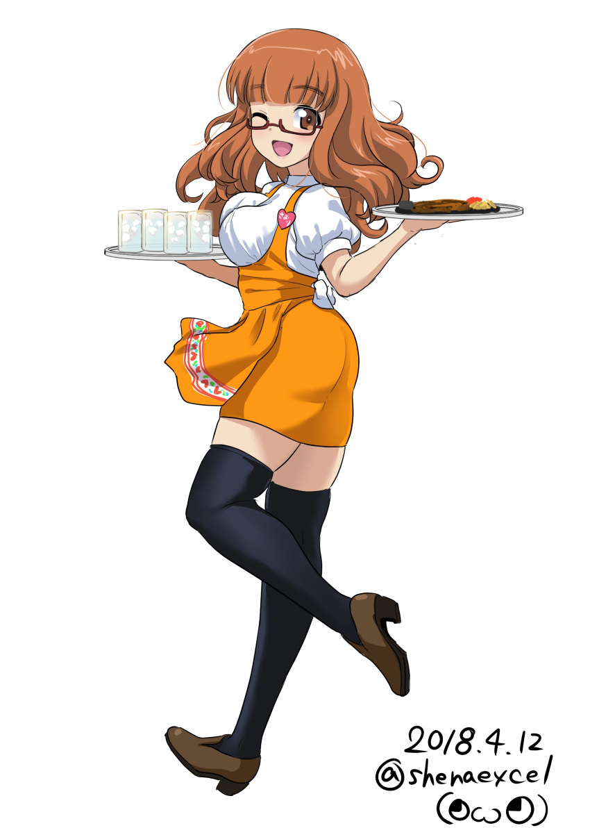 1girl ;d absurdres alternate_costume apron artist_name ass bangs black_legwear blunt_bangs breasts brown_footwear commentary_request dated excel_(shena) eyebrows_visible_through_hair food from_side full_body girls_und_panzer glasses high-waist_skirt highres holding ice loafers long_hair looking_at_viewer medium_breasts miniskirt name_tag one_eye_closed open_mouth orange_apron orange_eyes orange_hair orange_skirt red-framed_eyewear semi-rimless_eyewear shoes signature simple_background skindentation skirt smile solo standing suspender_skirt suspenders takebe_saori thigh-highs tray twitter_username under-rim_eyewear waist_apron waitress water white_background