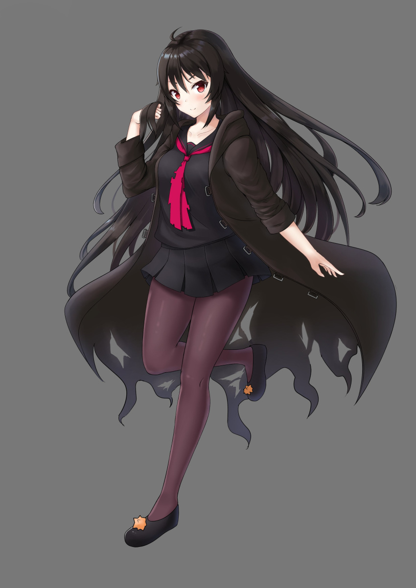 1girl absurdres bangs black_cape black_footwear black_hair black_shirt black_skirt brown_legwear cape collarbone floating_hair full_body grey_background hair_between_eyes hand_in_hair highres hooded iris_yuma long_hair looking_at_viewer miniskirt necktie nyanyang one_leg_raised pantyhose pleated_skirt red_eyes red_neckwear school_uniform shirt shoes simple_background skirt smile solo soul_worker standing standing_on_one_leg uniform very_long_hair