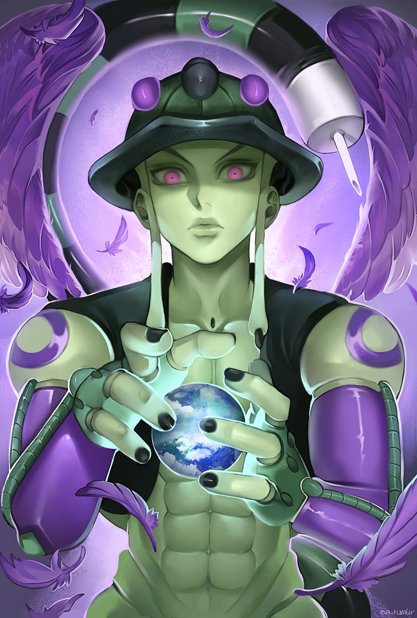 1boy abs black_nails cropped_jacket feathered_wings feathers fewer_digits green_jacket green_sclera green_skin highres hunter_x_hunter jacket lips looking_at_viewer meruem multicolored multicolored_skin muscle nail_polish pink_eyes purple_skin purple_wings sleeveless_jacket sphere stinger tail upper_body wings zv33