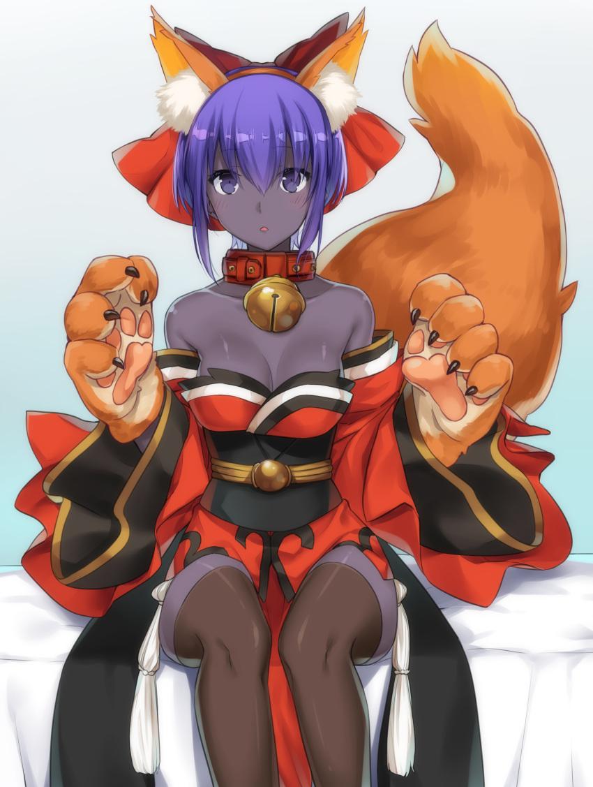 1girl absurdres alternate_costume animal_ears bare_shoulders bell bell_collar blue_background bow breasts collar cosplay dark_skin detached_sleeves fake_animal_ears fake_tail fate/grand_order fate/prototype fate/prototype:_fragments_of_blue_and_silver fate_(series) fox_ears fox_tail gloves hair_bow hairband hassan_of_serenity_(fate) highres japanese_clothes jingle_bell kimono looking_at_viewer medium_breasts obi ouhina paw_gloves paws purple_hair red_bow red_kimono sash short_hair short_kimono sitting solo tail tamamo_(fate)_(all) tamamo_cat_(fate) tamamo_cat_(fate)_(cosplay) thigh-highs violet_eyes wide_sleeves