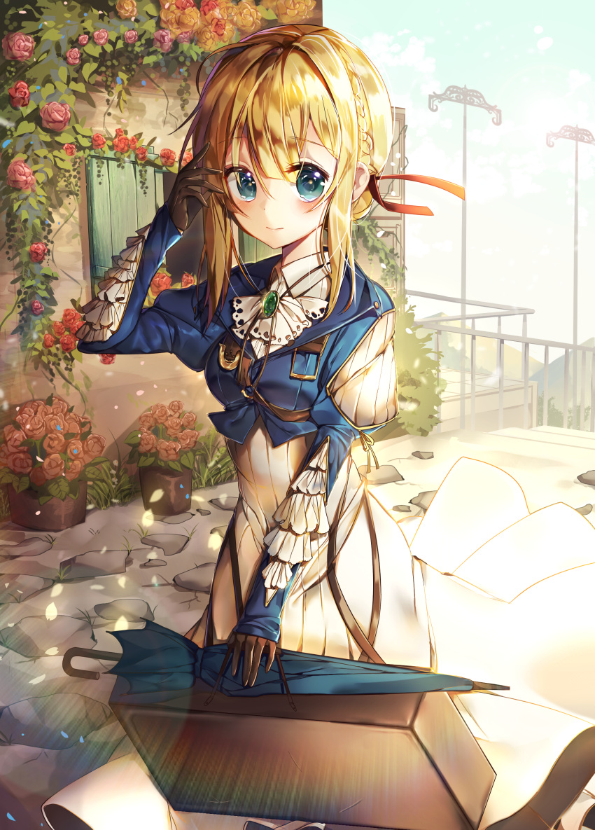 1girl absurdres blonde_hair blue_eyes blush braid breasts brown_gloves closed_mouth eyebrows_visible_through_hair flower gloves hair_ribbon highres long_sleeves looking_at_viewer medium_breasts onew outdoors railing red_ribbon ribbon short_hair solo suitcase umbrella violet_evergarden violet_evergarden_(character)