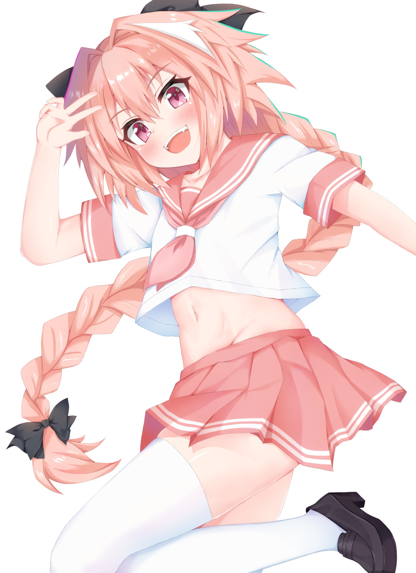 1boy :d absurdres astolfo_(fate) black_bow blush bow braid fang fate/grand_order fate_(series) hair_bow highres long_hair looking_at_viewer midriff navel open_mouth pink_hair pink_skirt rokita school_uniform serafuku short_sleeves simple_background single_braid skirt smile solo thigh-highs trap white_background white_legwear