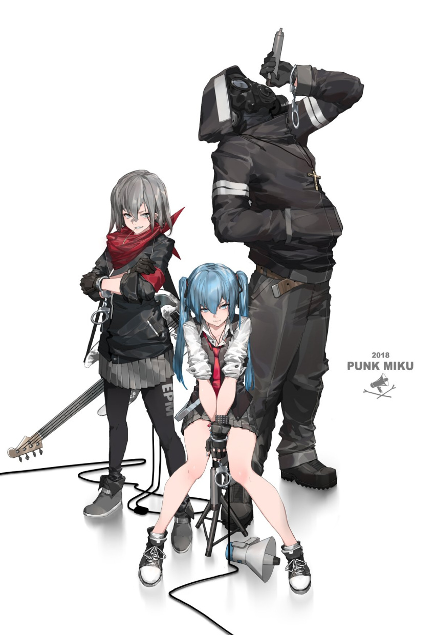 2girls armband bandanna belt black_footwear black_gloves black_legwear black_pants blue_eyes character_name cross cross_necklace crossed_arms cuffs dated fingerless_gloves gas_mask gloves grey_footwear grey_hair grey_skirt guitar hand_in_pocket hand_up handcuffs hatsune_miku highres holding holding_microphone hood hooded_jacket instrument jacket jewelry long_hair looking_at_viewer megaphone microphone mivit multiple_girls necklace necktie original pants red_neckwear skirt sleeves_rolled_up standing teeth_hold twintails vocaloid