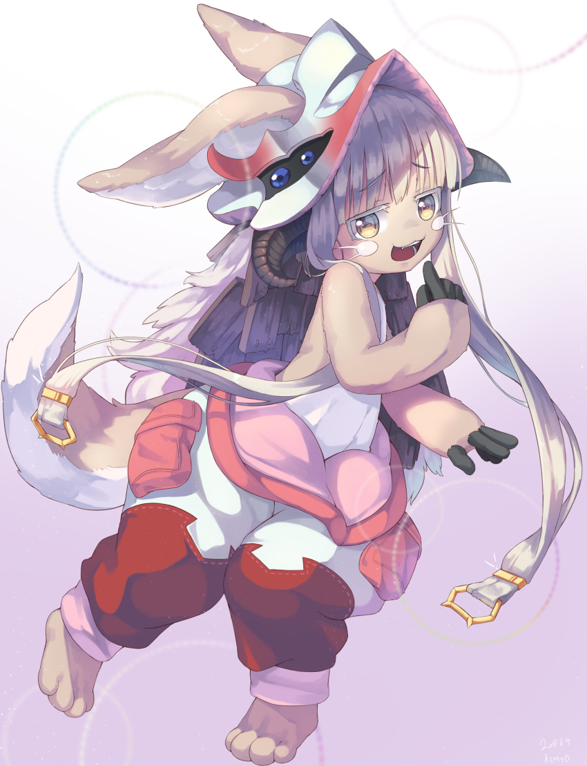 1girl :3 absurdres animal_ears blush dated eyebrows_visible_through_hair full_body furry highres kimyo looking_at_viewer made_in_abyss nanachi_(made_in_abyss) open_mouth rabbit_ears signature smile smug solo tail teeth white_hair yellow_eyes