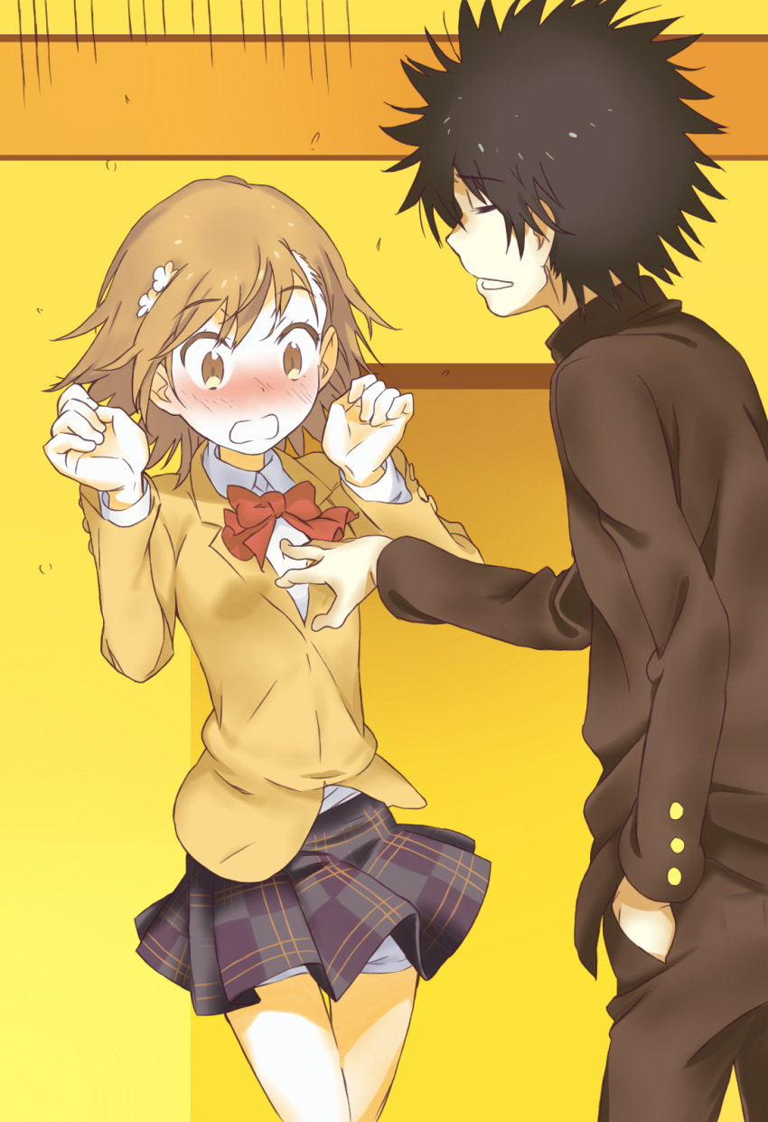 1boy 1girl black_hair black_jacket black_pants black_skirt blush bow bowtie brown_eyes brown_hair closed_eyes colored cowboy_shot embarrassed eyebrows_visible_through_hair flower haimura_kiyotaka hair_between_eyes hair_flower hair_ornament hand_in_pocket highres jacket kamijou_touma miniskirt misaka_mikoto official_art pants pleated_skirt polaris55740 red_bow red_neckwear school_uniform shirt short_hair shorts shorts_under_skirt skirt to_aru_majutsu_no_index:_new_testament tokiwadai_school_uniform uniform white_flower white_shirt white_shorts yellow_blazer