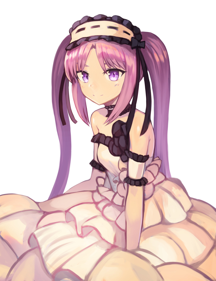 1girl absurdres bare_shoulders choker commentary dress euryale fate/grand_order fate_(series) hairband highres lolita_hairband long_hair looking_at_viewer purple_hair simple_background smile solo sookmo strapless strapless_dress twintails violet_eyes white_background white_dress