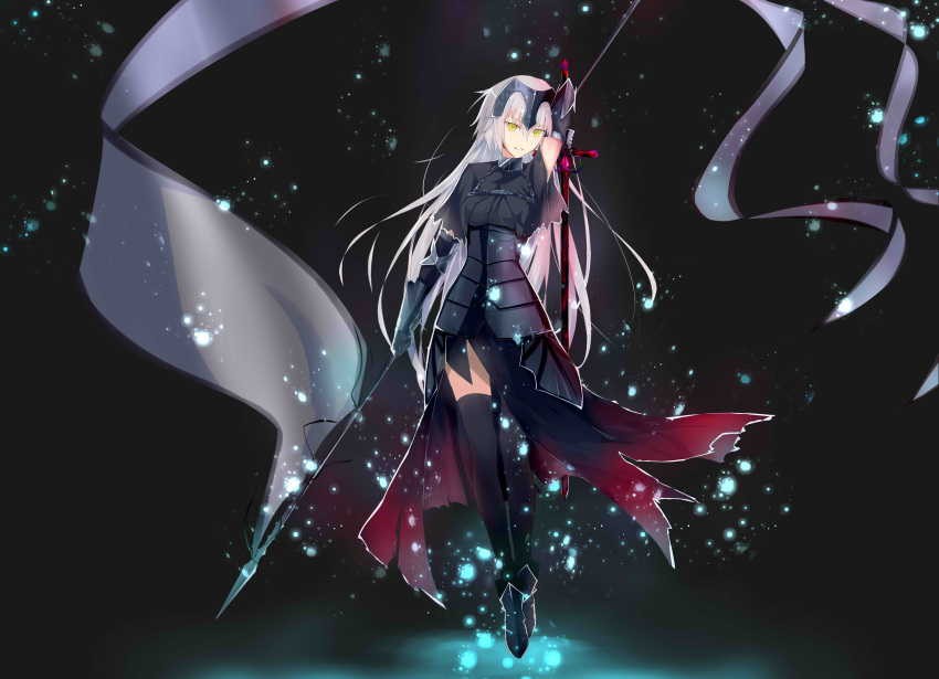 1girl absurdres arm_up armor armored_dress banner black_dress black_legwear chains dress fate/grand_order fate_(series) floating_hair full_body gauntlets grin highres holding holding_sword holding_weapon jeanne_d'arc_(alter)_(fate) jeanne_d'arc_(fate)_(all) long_hair qihuangzhishu silver_hair smile solo sword thigh-highs very_long_hair weapon yellow_eyes