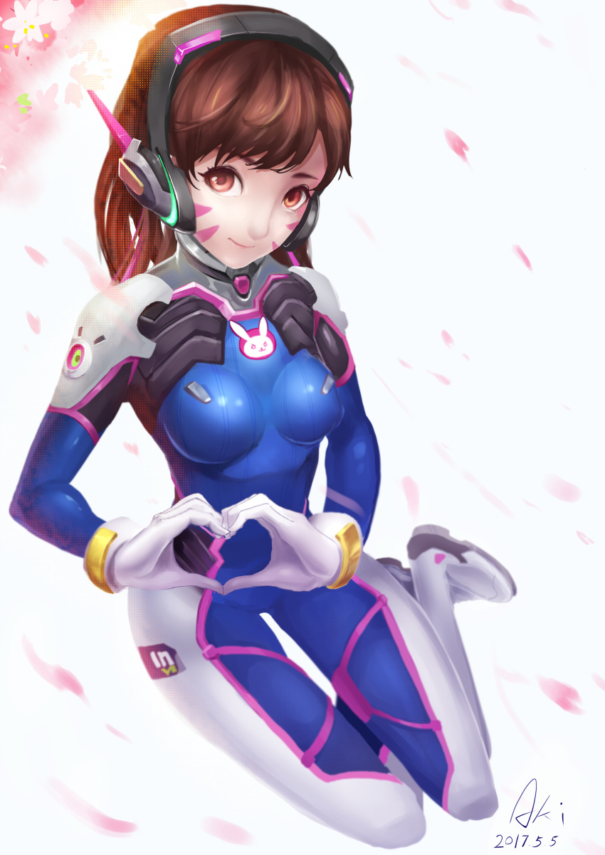 1girl 2017 :3 absurdres acronym animal_print artist_name bangs blue_bodysuit bodysuit boots bracer breasts breasts_apart brown_eyes brown_hair bunny_print cherry_blossoms closed_mouth d.va_(overwatch) dated eyelashes facepaint facial_mark flower full_body gloves hands_up head_tilt headphones heart heart_hands highres long_hair looking_at_viewer medium_breasts on_floor overwatch pauldrons petals pilot_suit pink_lips shiny shiny_clothes shogakusei_aki shoulder_pads sitting skin_tight smile solo swept_bangs thigh-highs thigh_boots thigh_strap turtleneck v-shaped_eyebrows whisker_markings white_footwear white_gloves yokozuwari