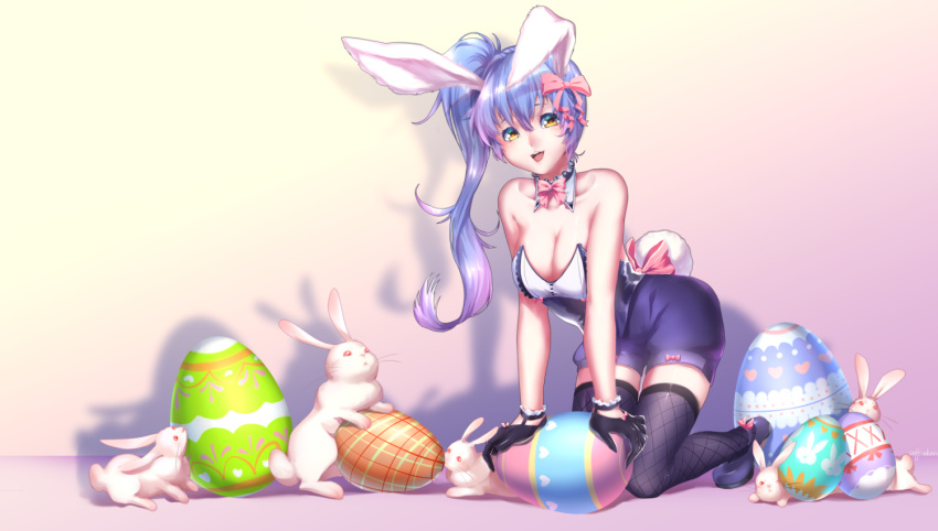 1girl animal_ears artist_name ayu_(force_of_will) bare_shoulders blue_hair bow bowtie breasts bunny_tail cleavage coffinkun easter_egg egg force_of_will gloves long_hair rabbit rabbit_ears side_ponytail solo tail thigh-highs yellow_eyes