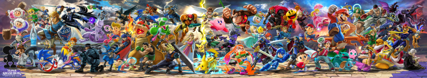 6+boys 6+girls absolutely_everyone absurdres angel_wings arm_cannon bayonetta bayonetta_(character) bayonetta_2 bowser bowser_jr. cape captain_falcon charizard chiko_(mario) cloud_strife copyright_name dark_pit diddy_kong dog_(duck_hunt) donkey_kong donkey_kong_(series) doubutsu_no_mori dr._mario dual_persona duck_(duck_hunt) duck_tales electricity epic everyone f-zero falco_lombardi fang final_fantasy final_fantasy_vii fire_emblem fire_emblem:_fuuin_no_tsurugi fire_emblem:_kakusei fire_emblem:_mystery_of_the_emblem fire_emblem:_souen_no_kiseki fire_emblem_if flying flying_kick fox_mccloud game_&amp;_watch ganondorf gen_1_pokemon gen_2_pokemon gen_4_pokemon gen_6_pokemon glasses greninja hammer hat headband helmet highres huge_filesize ice_climber ice_climbers ike incredibly_absurdres inkling ivysaur jigglypuff kicking kid_icarus king_dedede kirby kirby_(series) link long_image lucario lucas luigi mario super_mario_bros. marth meta_knight metal_gear_(series) metal_gear_solid metroid mii_(nintendo) monster mother_(game) mother_2 mother_3 mr._game_&amp;_watch multiple_boys multiple_girls multiple_persona my_unit_(fire_emblem:_kakusei) my_unit_(fire_emblem_if) nana_(ice_climber) ness nintendo official_art pac-man pac-man_(game) pichu pikachu pit_(kid_icarus) pokemon popo_(ice_climber) princess_daisy princess_peach princess_zelda r.o.b red_(pokemon) ridley rockman rockman_(character) rockman_(classic) rosetta_(mario) roy_(fire_emblem) ryuu_(street_fighter) samus_aran sheik shulk solid_snake sonic sonic_the_hedgehog splatoon squirtle star_fox street_fighter super_mario_bros. super_smash_bros. sword the_legend_of_zelda the_legend_of_zelda:_breath_of_the_wild toon_link varia_suit villager_(doubutsu_no_mori) wario warioware weapon wide_image wii_fit wii_fit_trainer wings wolf_o'donnell xenoblade_(series) xenoblade_1 yoshi young_link zero_suit