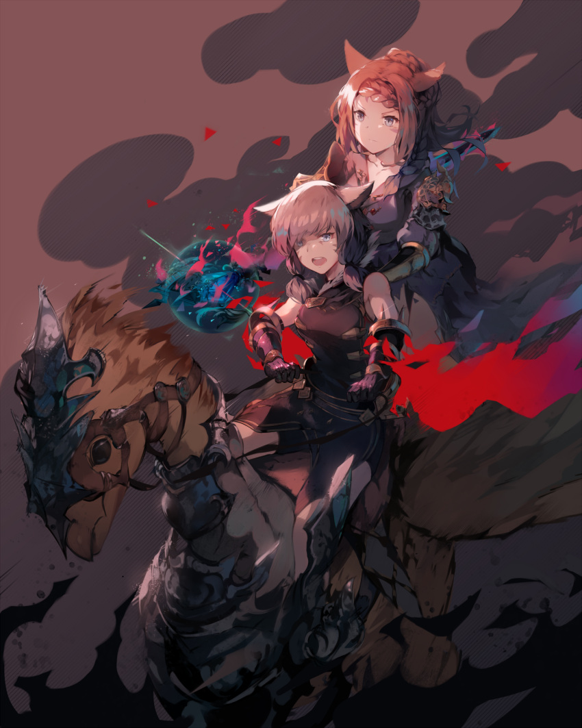 2girls animal animal_ears blue_eyes braid brown_hair cat_ears chocobo closed_mouth facial_mark final_fantasy final_fantasy_xiv gauntlets highres holding holding_staff long_hair miqo'te multiple_girls multiple_riders natsumoka open_mouth riding short_hair sleeveless staff