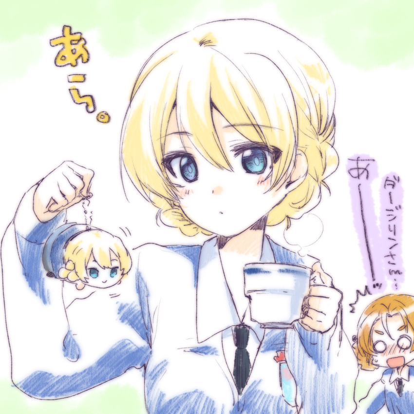 /\/\/\ bangs black_neckwear blank_eyes blonde_hair blue_eyes blue_sweater blush braid character_doll closed_mouth commentary cup darjeeling dress_shirt emblem eyebrows_visible_through_hair frown girls_und_panzer highres holding kuroi_mimei long_sleeves looking_at_another necktie open_mouth orange_hair orange_pekoe parted_bangs school_uniform shirt short_hair st._gloriana's_(emblem) st._gloriana's_school_uniform standing surprised sweater teacup tied_hair translated twin_braids v-neck white_shirt wing_collar