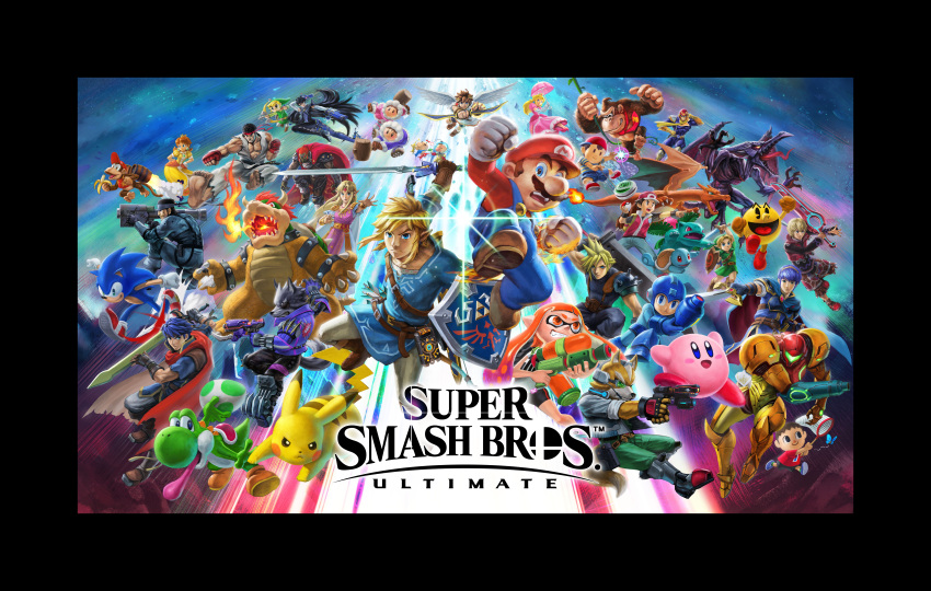 absolutely_everyone absurdres angel_wings bayonetta bayonetta_(character) blue_background bowser captain_falcon cloud_strife diddy_kong donkey_kong donkey_kong_(series) dougi egg everyone f-zero final_fantasy final_fantasy_vii fire_emblem fox_mccloud ganondorf gen_1_pokemon gun highres ice_climber ice_climbers ike inkling kid_icarus kirby kirby_(series) link logo looking_at_viewer mario super_mario_bros. marth metal_gear_(series) metal_gear_solid metroid monster multiple_persona nintendo official_art pac-man pac-man_(game) pikachu pit_(kid_icarus) pokemon pokemon_(creature) pokemon_trainer princess_daisy princess_peach princess_zelda red_(pokemon) ridley ryuu_(street_fighter) samus_aran shulk smash_ball solid_snake sonic sonic_the_hedgehog spiky_hair splatoon star_fox street_fighter super_mario_bros. super_smash_bros. sword the_legend_of_zelda the_legend_of_zelda:_breath_of_the_wild toon_link weapon wings wolf_o'donnell xenoblade_(series) xenoblade_1 yoshi young_link