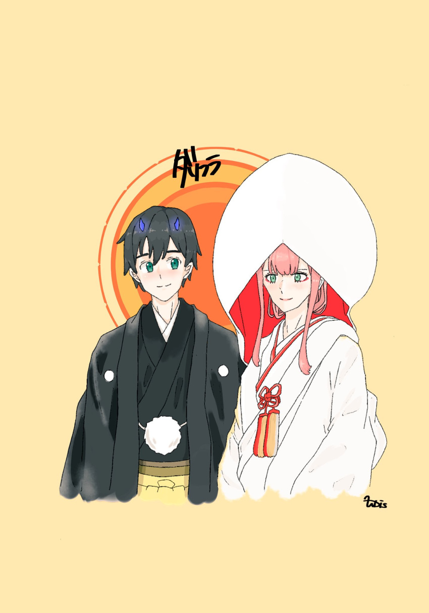 1boy 1girl alternate_hairstyle bangs black_hair blue_eyes blue_horns cherry_blossoms commentary_request couple darling_in_the_franxx folded_hair green_eyes hakama haori hetero highres hiro_(darling_in_the_franxx) hood hood_up horns japanese_clothes kimono long_hair oni_horns pink_hair short_hair sidelocks signature traditional_clothes uchikake uchikun_palette white_kimono zero_two_(darling_in_the_franxx)