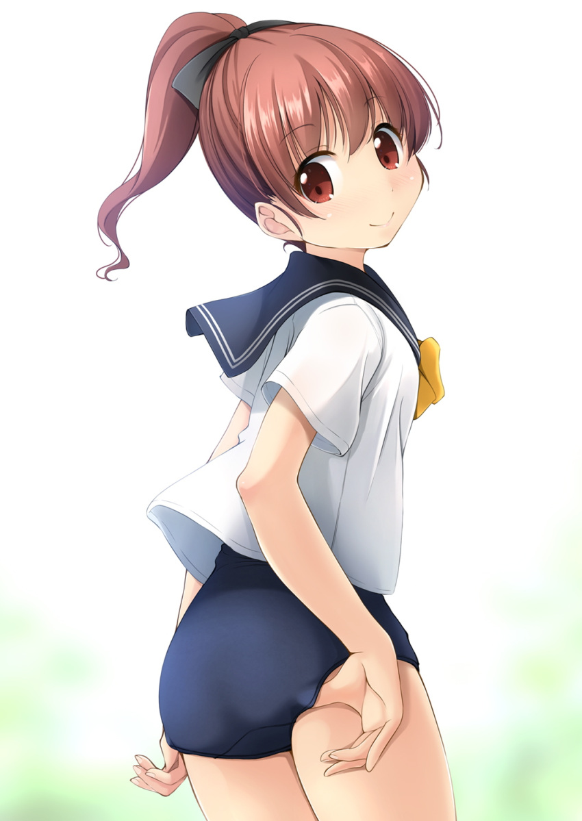 1girl ass blue_sailor_collar blue_swimsuit brown_hair cowboy_shot from_behind highres looking_at_viewer looking_back neckerchief no_pants original ponytail red_eyes sailor_collar school_swimsuit school_uniform serafuku shibacha short_hair simple_background smile solo swimsuit swimsuit_under_clothes uniform white_background yellow_neckwear