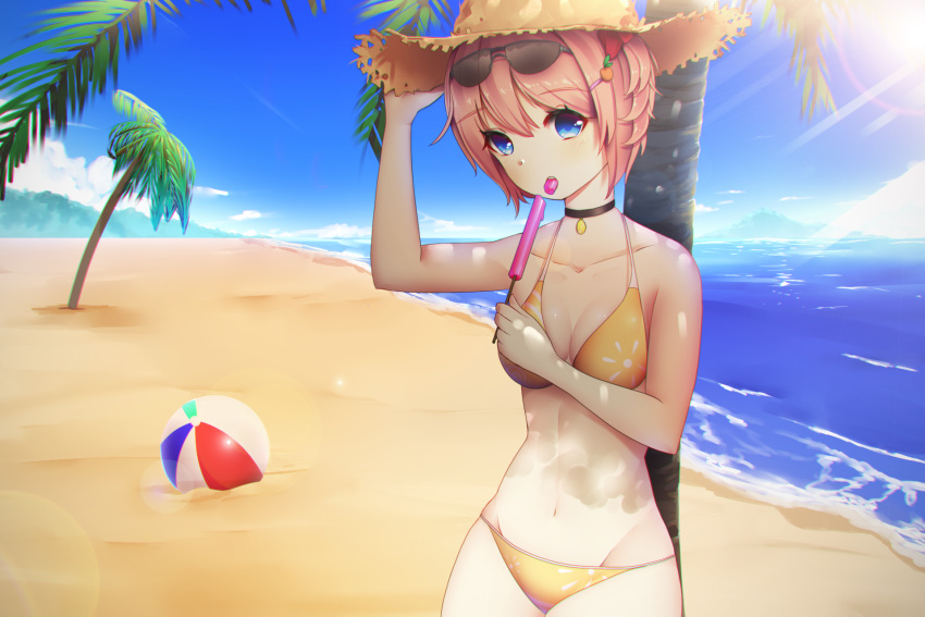 1girl against_tree ball bare_shoulders beach beachball bikini blue_eyes blue_sky bow breasts choker cleavage clouds collarbone commentary day doki_doki_literature_club english_commentary eyebrows_visible_through_hair eyes_visible_through_hair eyewear_on_head food hair_bow hair_ornament hairclip hand_on_headwear hat highres medium_breasts navel ocean outdoors palm_tree pink_hair popsicle red_bow sayori_(doki_doki_literature_club) short_hair sky solo straw_hat sun_beam sunglasses swimsuit tree tsukimaru yellow_bikini