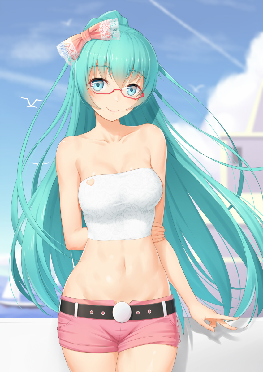 1girl alternate_hairstyle anarchojs aqua_eyes aqua_hair arm_behind_back bangs belt bespectacled bird breasts collarbone cowboy_shot eyebrows_visible_through_hair glasses hatsune_miku highres holding_own_arm long_hair looking_at_viewer medium_breasts midriff navel outdoors pants pink_pants ponytail short_shorts shorts sky smile solo v very_long_hair vocaloid