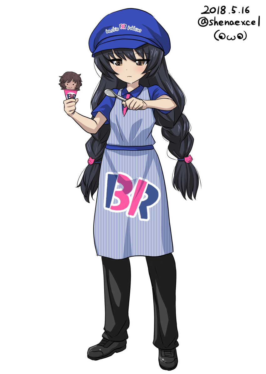 1girl :t absurdres akiyama_yukari alternate_costume alternate_hairstyle apron artist_name bangs black_footwear black_hair black_pants blue_apron blue_hat blue_shirt braid brown_eyes cabbie_hat cat_hair_ornament closed_mouth commentary cross-laced_footwear dated dress_shirt english excel_(shena) eyebrows_visible_through_hair food full_body girls_und_panzer hair_ornament hair_tie half-closed_eyes hat highres holding holding_food holding_spoon ice_cream_cone light_frown logo long_hair looking_at_viewer necktie pants pink_neckwear reizei_mako saliva shirt shoes signature simple_background solo spoon standing striped twin_braids twitter_username vertical-striped_apron vertical_stripes waitress white_background wing_collar