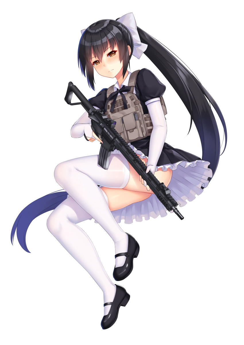 1girl absurdres allenes ass assault_rifle black_hair bow brown_eyes chinese_commentary commentary_request gun highres long_hair looking_at_viewer magazine_(weapon) maid official_art original rifle shoes solo thigh-highs very_long_hair weapon white_background white_legwear