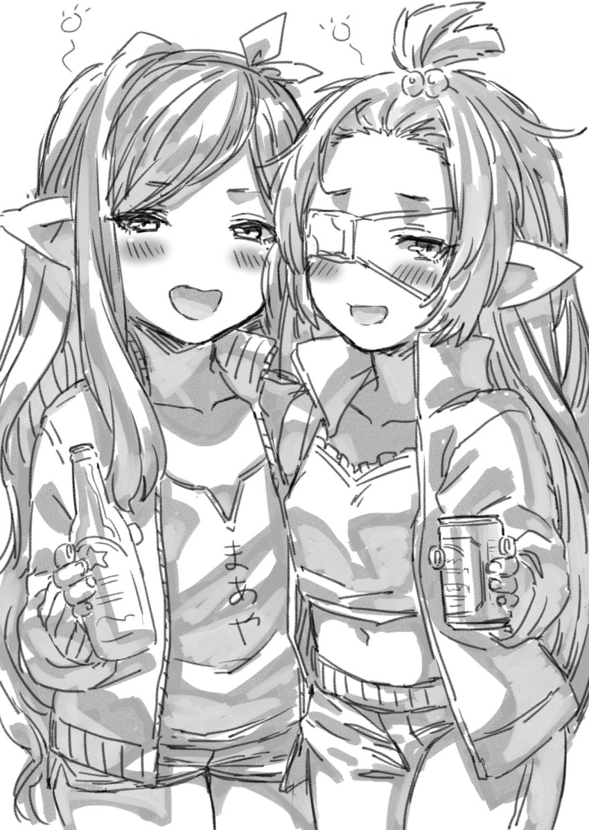 2girls alcohol arulumaya blush bottle bow can casual eyepatch flat_chest granblue_fantasy greyscale hair_bow harvin highres long_hair looking_at_viewer lunalu_(granblue_fantasy) medical_eyepatch midriff monochrome multiple_girls open_mouth pointy_ears toriudonda very_long_hair