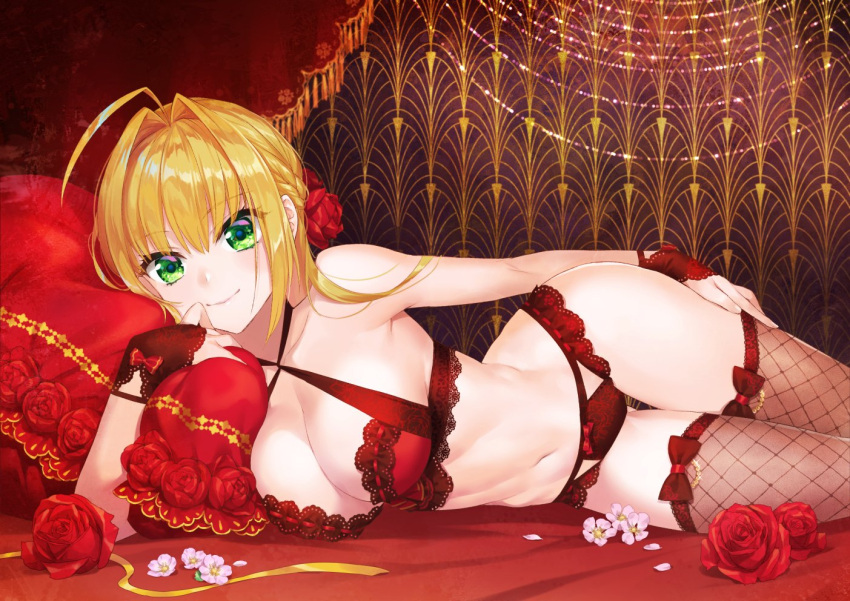 1girl ahoge arm_at_side blonde_hair bra braid breasts bridal_gauntlets cleavage criss-cross_halter demmy eyebrows_visible_through_hair fate/grand_order fate_(series) fishnet_legwear fishnets flower green_eyes hair_flower hair_intakes hair_ornament halterneck lace lace-trimmed_bra lace-trimmed_panties large_breasts lingerie looking_at_viewer lying nero_claudius_(fate)_(all) on_bed on_side panties red_bra red_panties side_braid smile solo thigh-highs underwear underwear_only