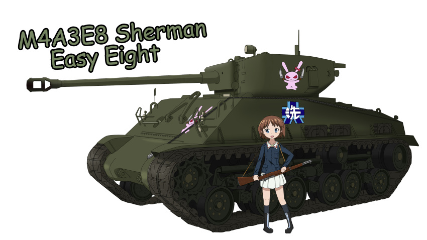 1girl absurdres blue_eyes brown_hair dedorudy emblem girls_und_panzer graphite_(medium) ground_vehicle gun highres m1_garand m4_sherman m4a3e8 military military_vehicle motor_vehicle ooarai_(emblem) ooarai_military_uniform rifle sakaguchi_karina short_hair skirt smile tank traditional_media weapon white_background