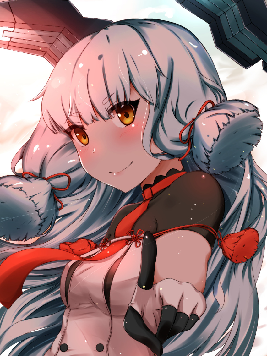 1girl bangs blunt_bangs blush closed_mouth dinas dress eyebrows_visible_through_hair floating_hair gloves hair_ribbon headgear highres kantai_collection light_particles long_hair looking_at_viewer murakumo_(kantai_collection) necktie orange_eyes pointing pointing_at_viewer red_neckwear remodel_(kantai_collection) ribbon short_eyebrows sidelocks silver_hair smile solo tassel tress_ribbon upper_body wind wind_lift