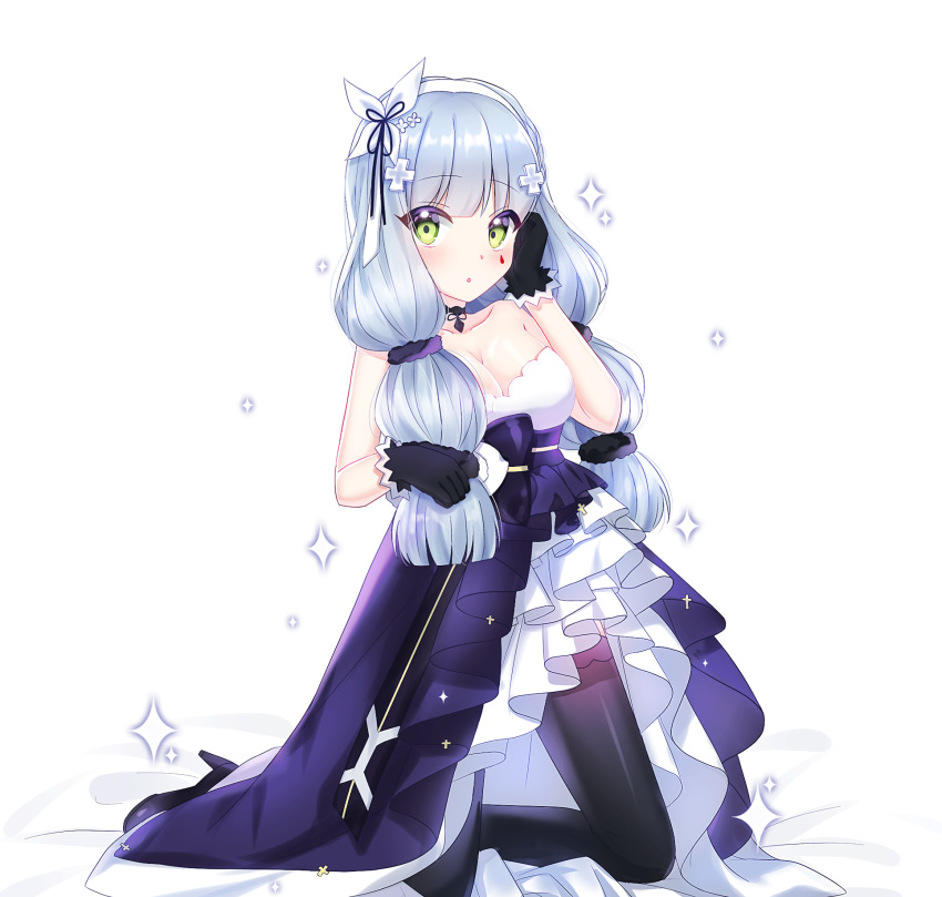 1girl bag black_gloves black_legwear black_ribbon blush breasts choker cleavage collarbone dress eyebrows_visible_through_hair facial_mark girls_frontline gloves green_eyes hair_between_eyes hair_ornament hair_ribbon hairband hand_in_hair high_heels highres hk416_(girls_frontline) kneeling layered_dress long_hair mamel_27 medium_breasts ribbon shiny shiny_skin silver_hair simple_background solo strapless strapless_dress thigh-highs twintails very_long_hair white_background white_hairband white_ribbon